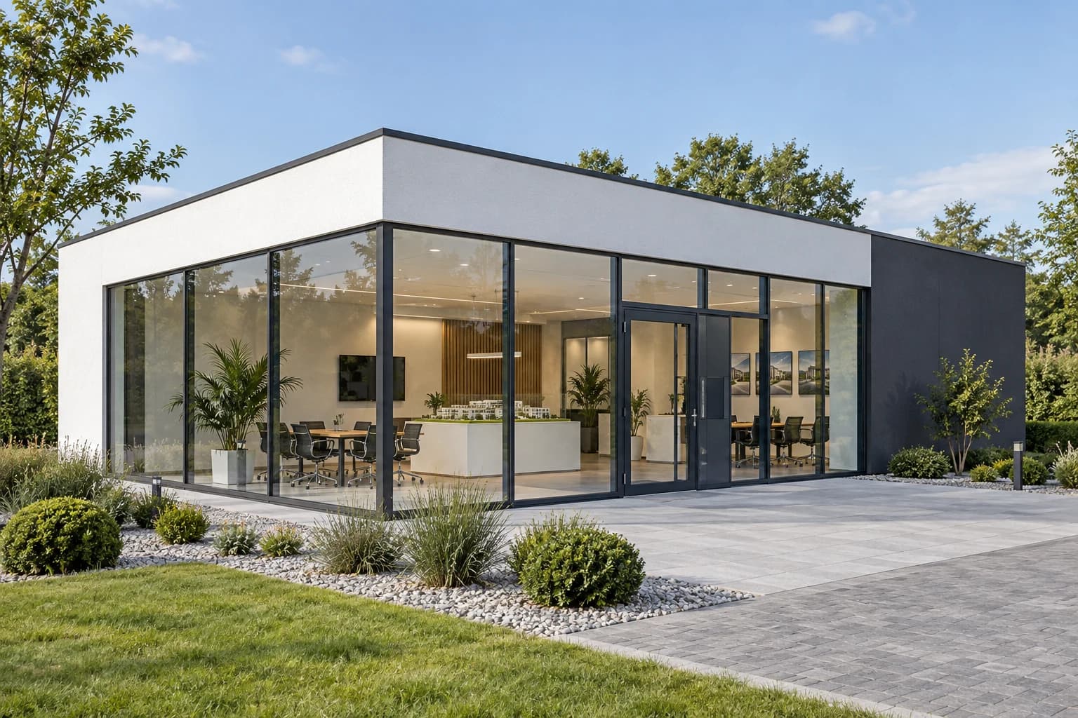 SMART OFFICE 100 VISTA 100 m² beyaz-antrasit mineral sıvalı çelik satış ofisi dış cephe konsept renderı