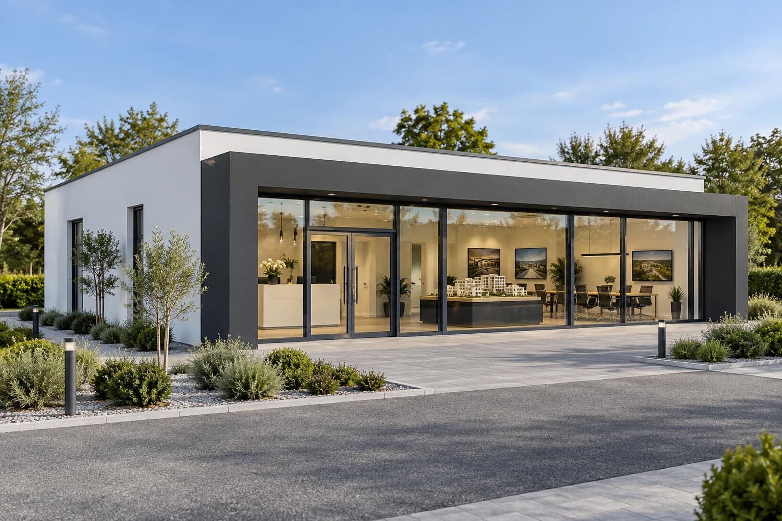 SMART OFFICE 120 LINEA 120 m² beyaz-antrasit mineral sıvalı çelik satış ofisi dış cephe konsept renderı