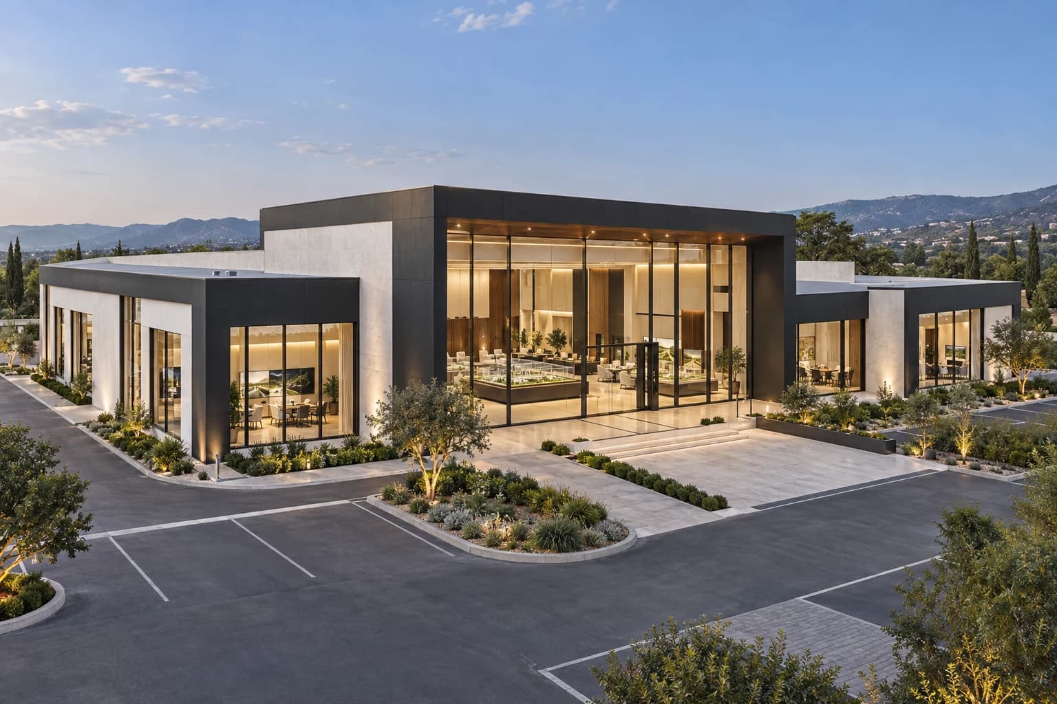 SMART OFFICE 1200 ICON 1200 m² beyaz-antrasit mineral sıvalı çelik satış ofisi dış cephe konsept renderı