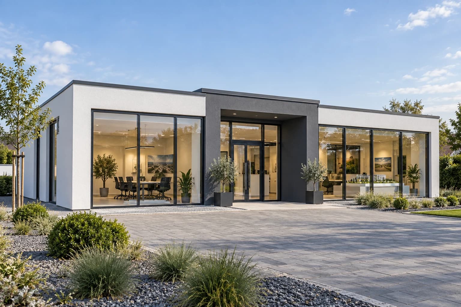 SMART OFFICE 150 FORUM 150 m² beyaz-antrasit mineral sıvalı çelik satış ofisi dış cephe konsept renderı