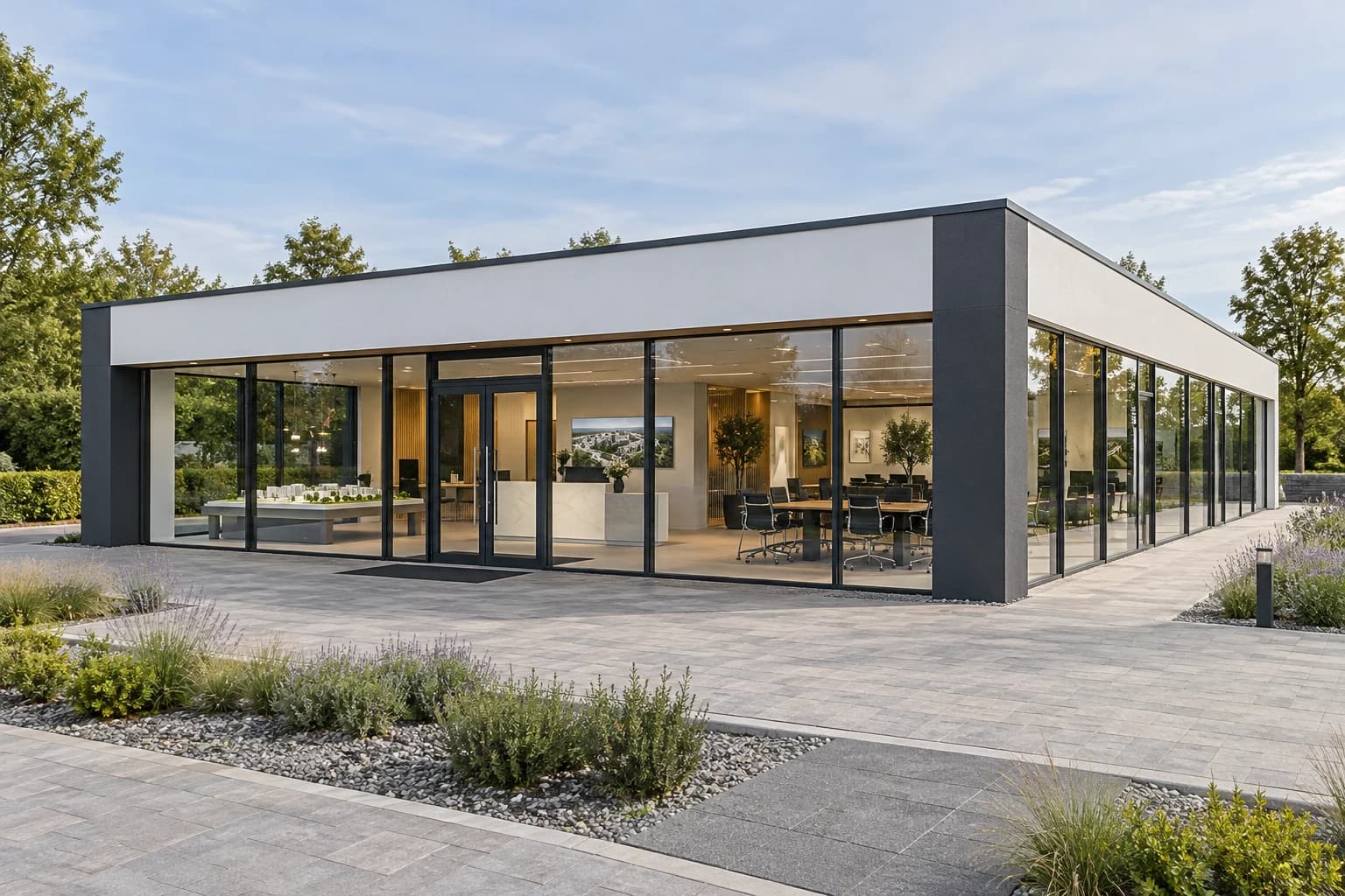SMART OFFICE 180 PANORAMA 180 m² beyaz-antrasit mineral sıvalı çelik satış ofisi dış cephe konsept renderı