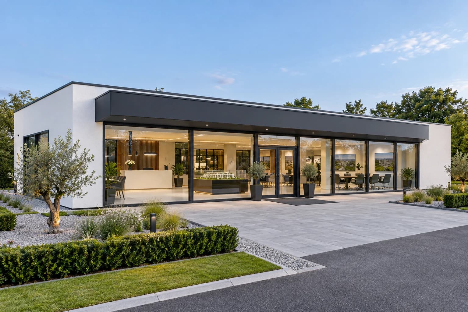 SMART OFFICE 200 PRESTIGE 200 m² beyaz-antrasit mineral sıvalı çelik satış ofisi dış cephe konsept renderı