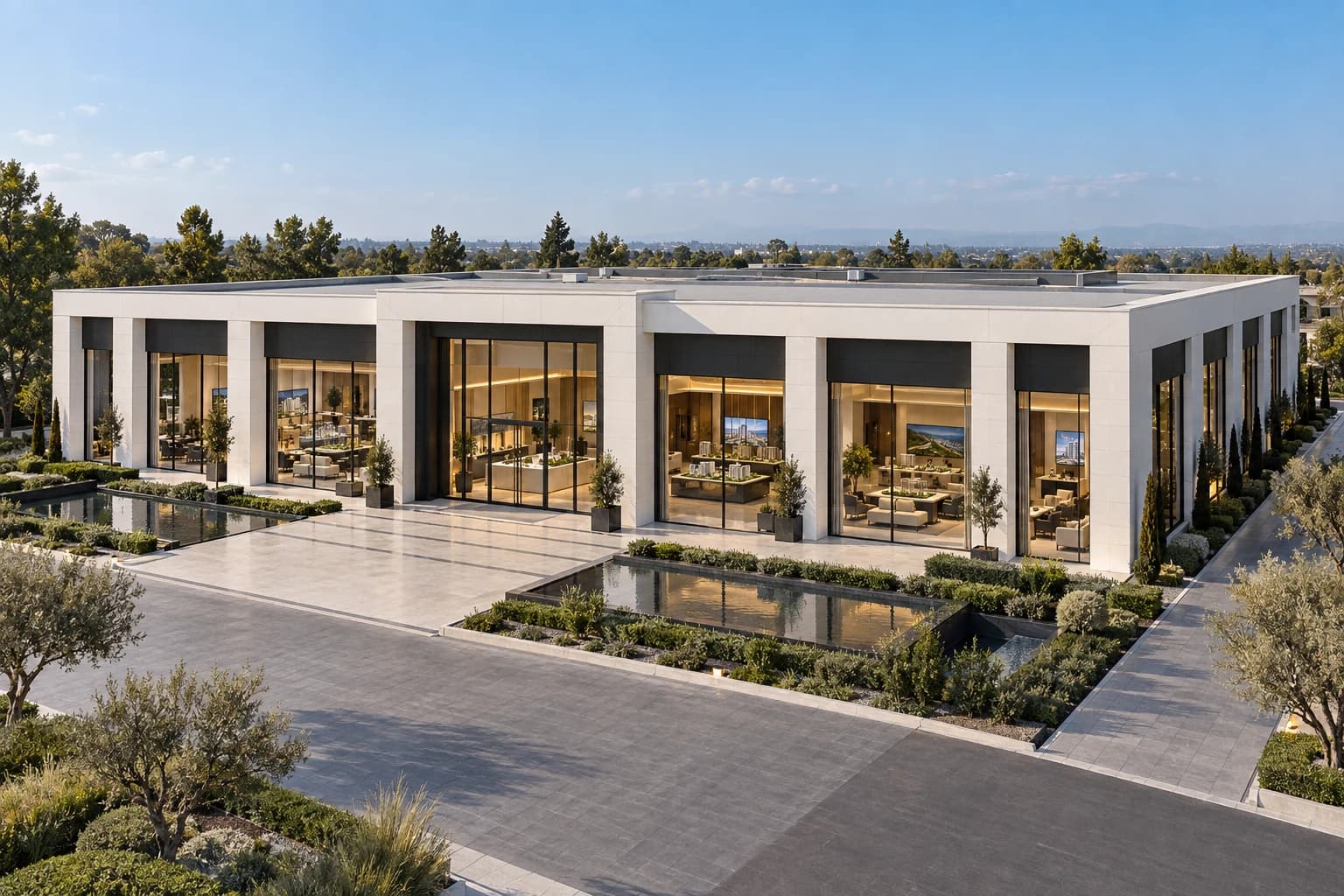 SMART OFFICE 2000 PALAZZO 2000 m² beyaz-antrasit mineral sıvalı çelik satış ofisi dış cephe konsept renderı