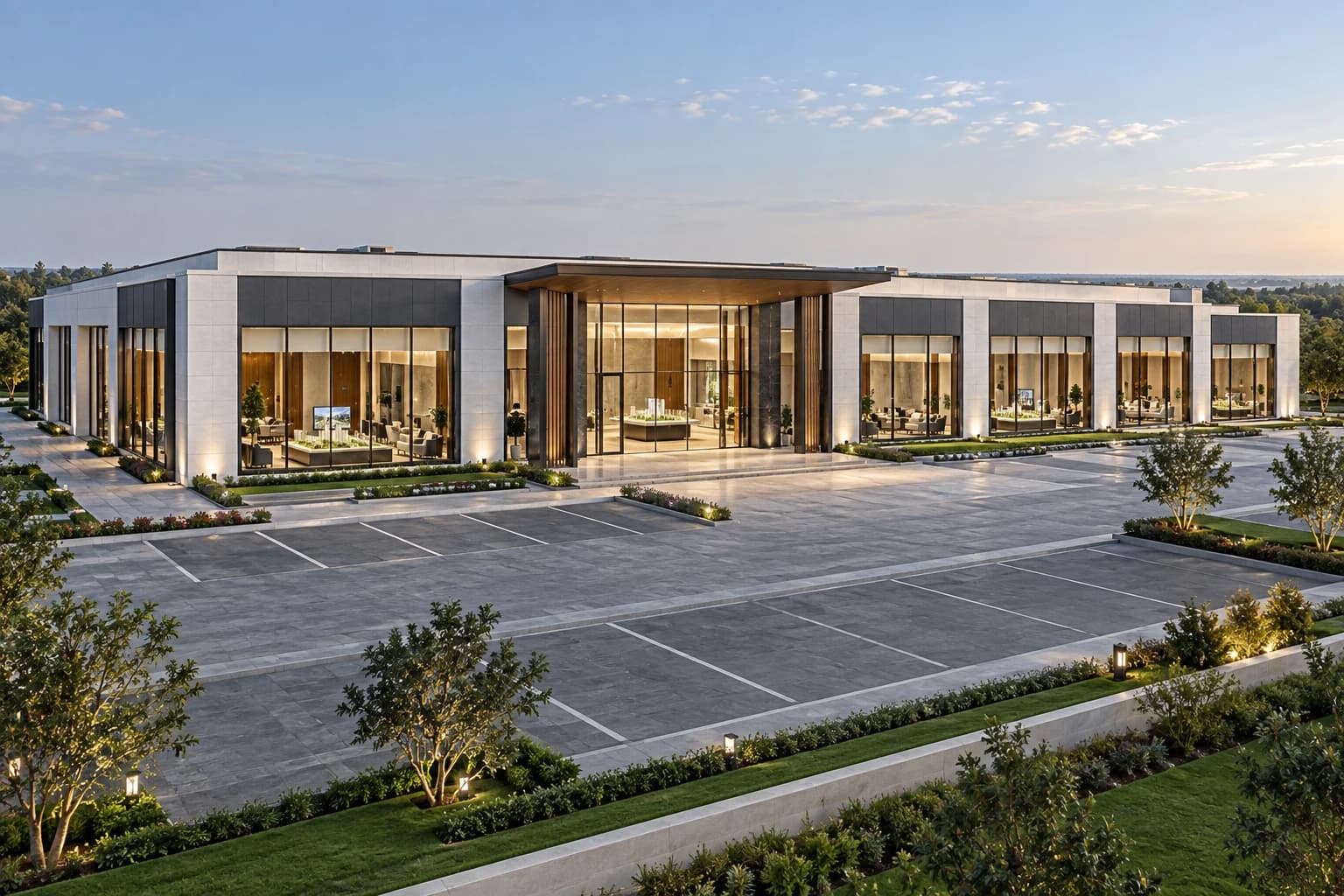 SMART OFFICE 3200 METROPOL 3200 m² beyaz-antrasit mineral sıvalı çelik satış ofisi dış cephe konsept renderı