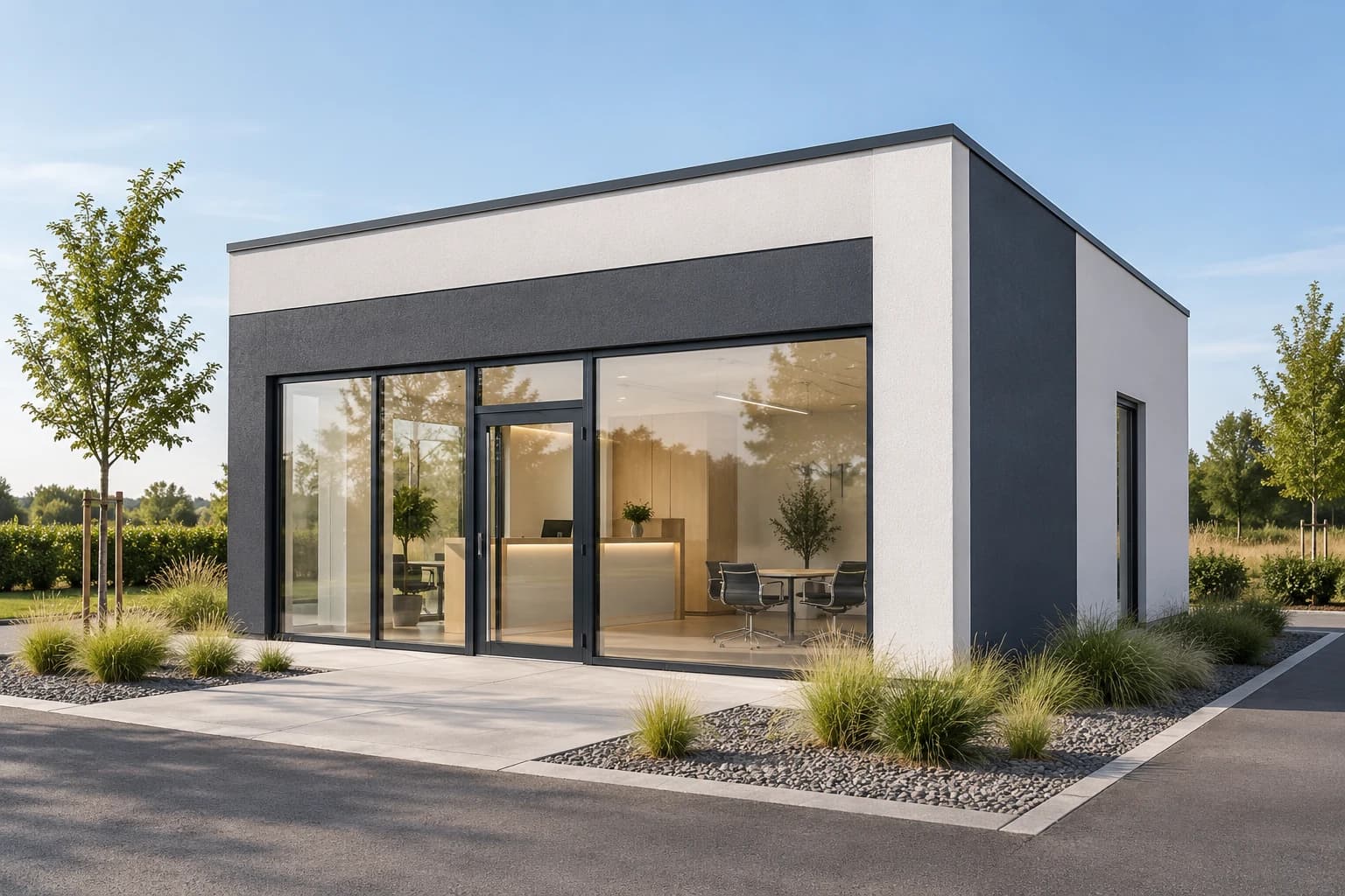 SMART OFFICE 60 START 60 m² beyaz-antrasit mineral sıvalı çelik satış ofisi dış cephe konsept renderı
