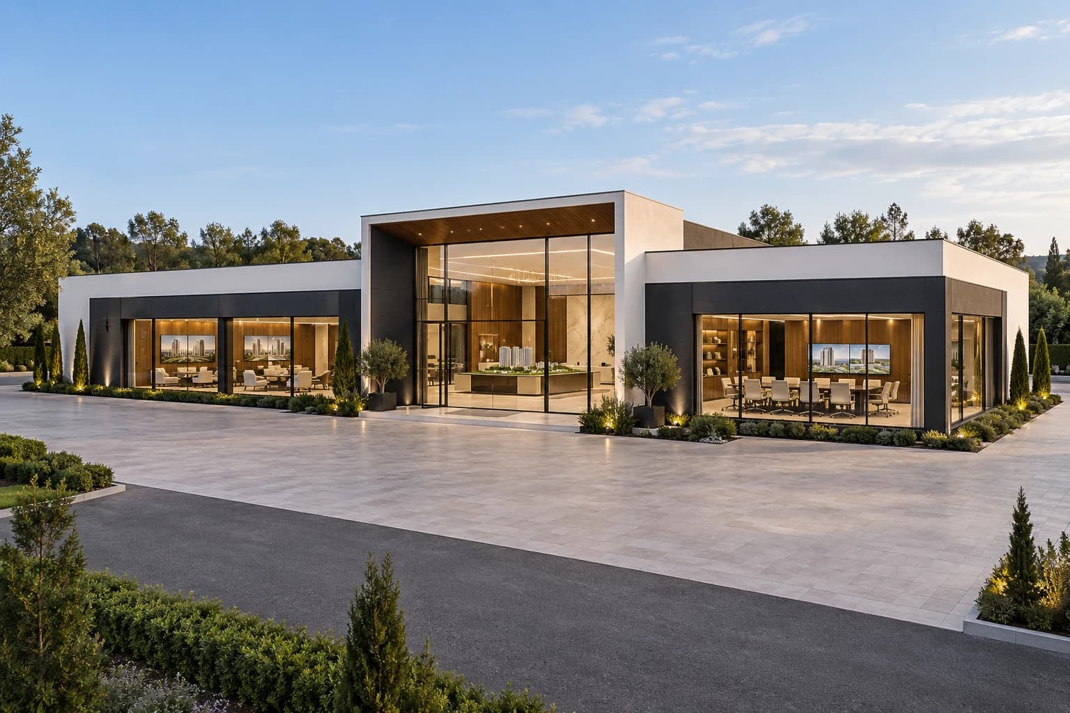 SMART OFFICE 600 GRAND 600 m² beyaz-antrasit mineral sıvalı çelik satış ofisi dış cephe konsept renderı