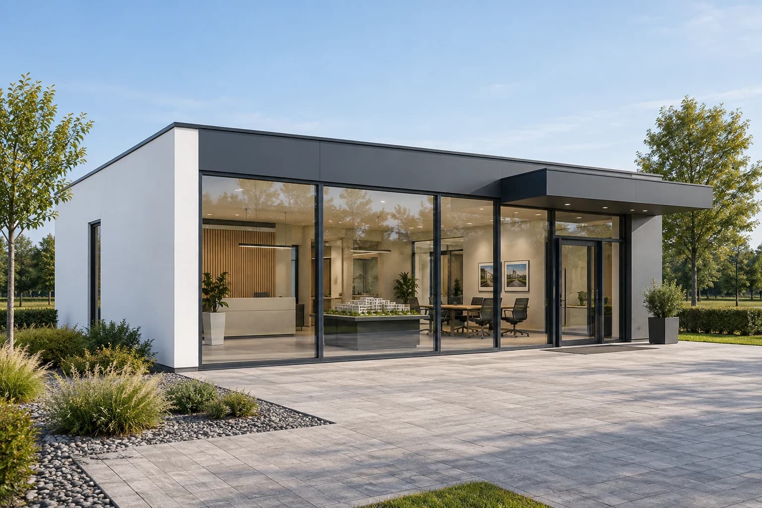 SMART OFFICE 80 FOCUS 80 m² beyaz-antrasit mineral sıvalı çelik satış ofisi dış cephe konsept renderı
