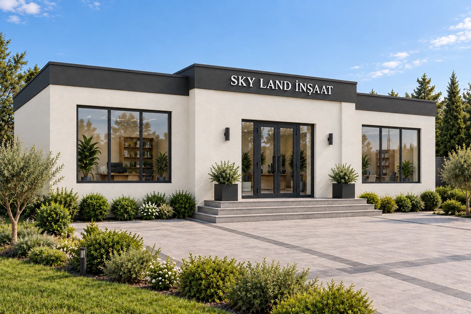 SKY LAND İNŞAAT tabelalı SMART SKY LAND satış ofisi ana dış cephe tasarımı