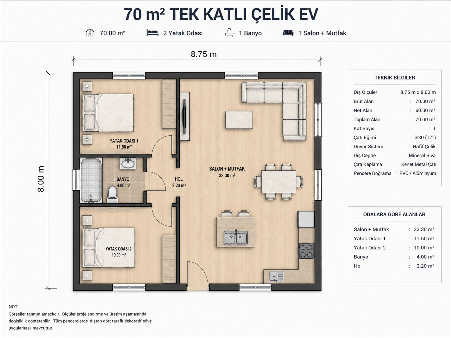 70 m² tek katlı çelik ev konsept kat planı