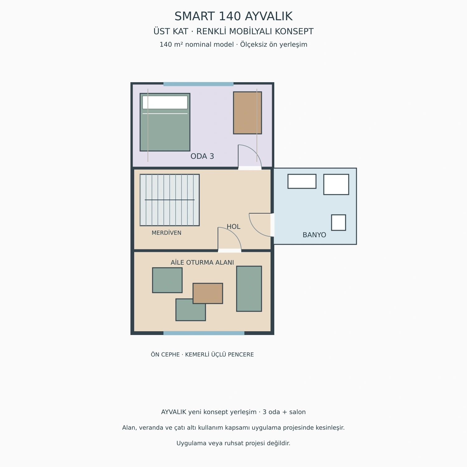 SMART 140 AYVALIK Üst Kat Planı renkli mobilyalı konsept çizim