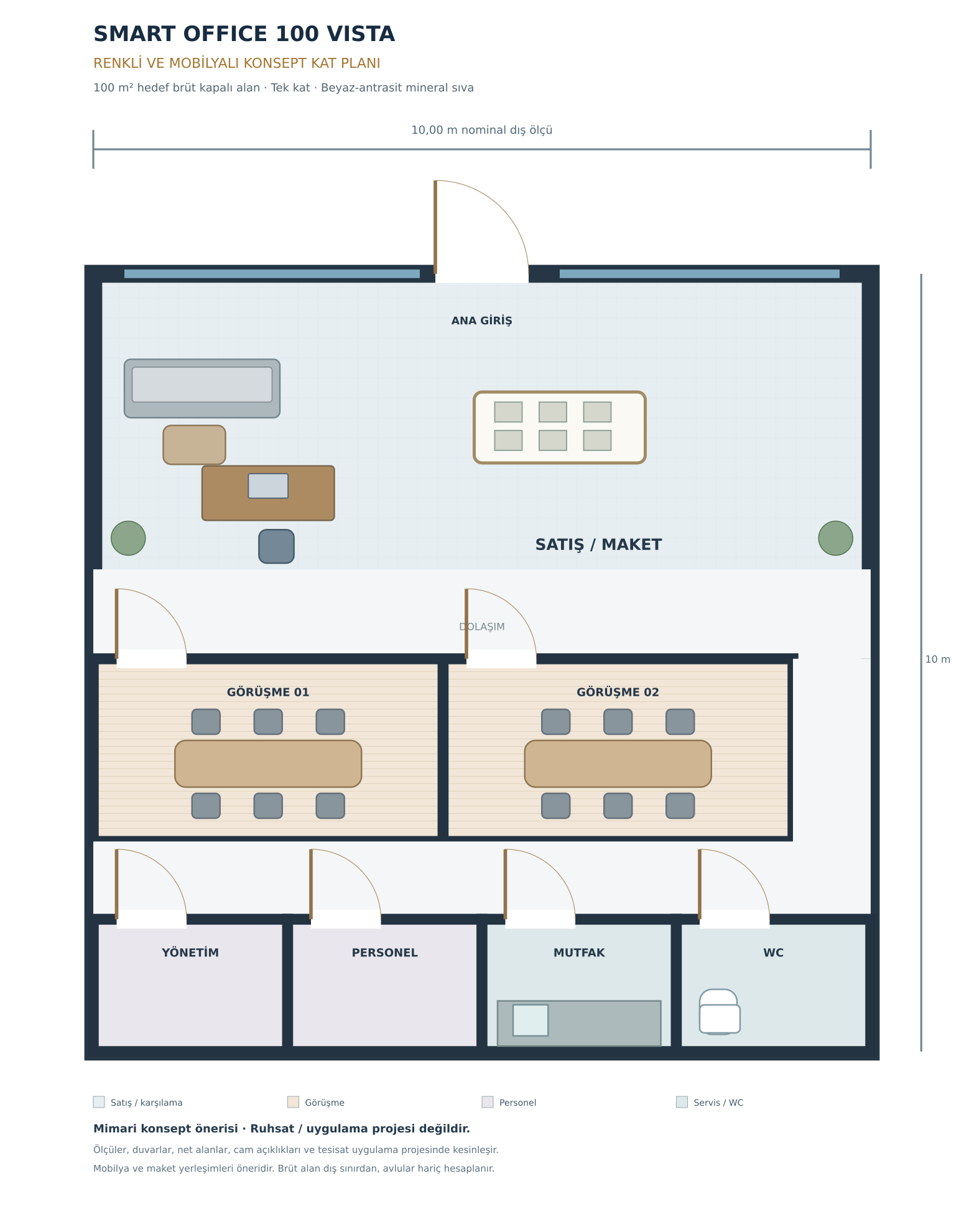 SMART OFFICE 100 VISTA renkli mobilyalı satış, toplantı ve servis alanları konsept kat planı
