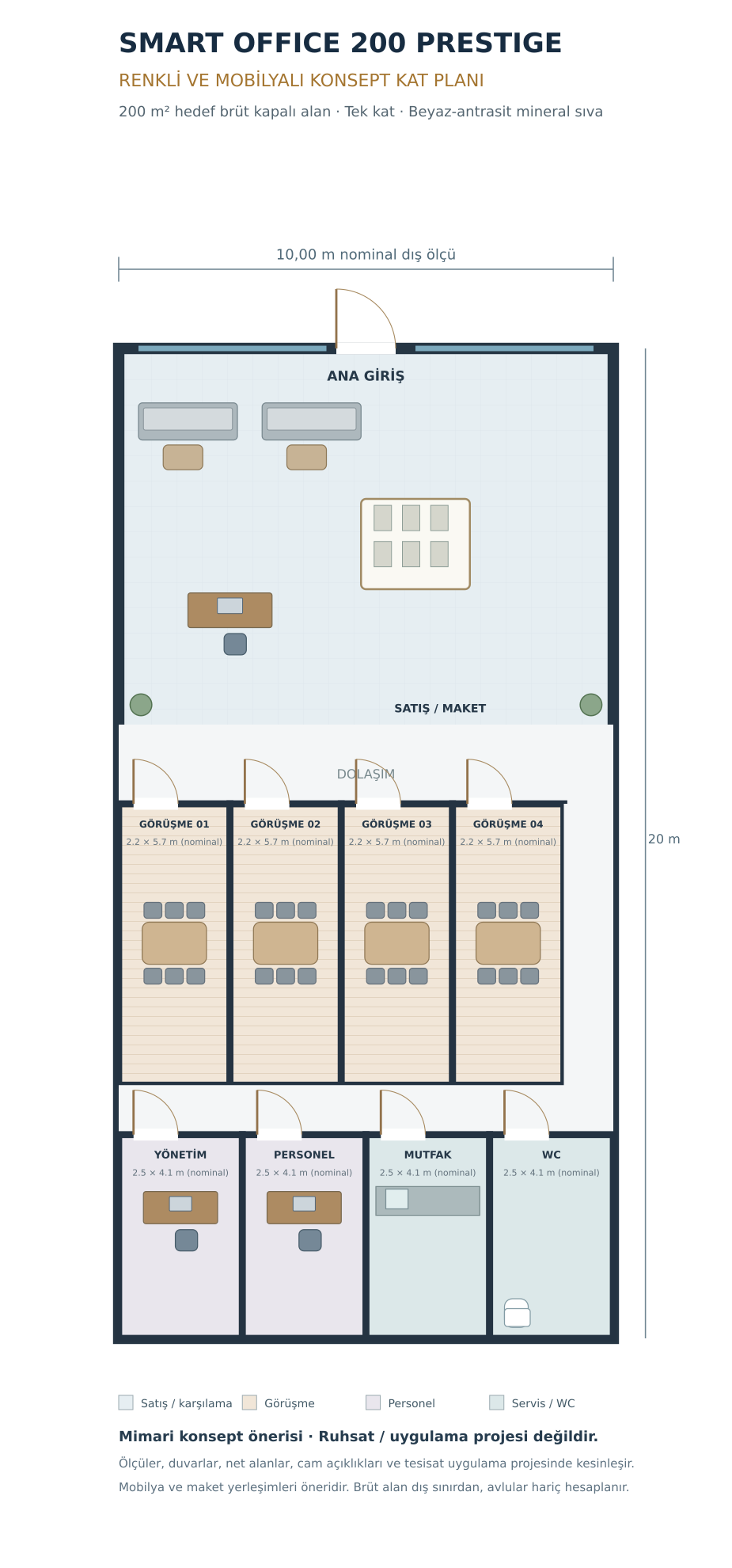 SMART OFFICE 200 PRESTIGE renkli mobilyalı satış, toplantı ve servis alanları konsept kat planı