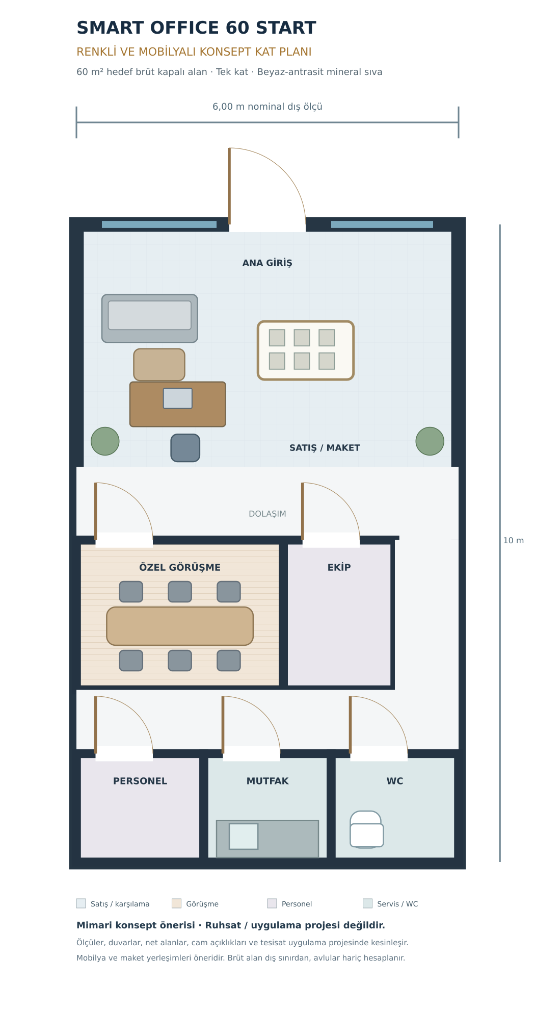 SMART OFFICE 60 START renkli mobilyalı satış, toplantı ve servis alanları konsept kat planı