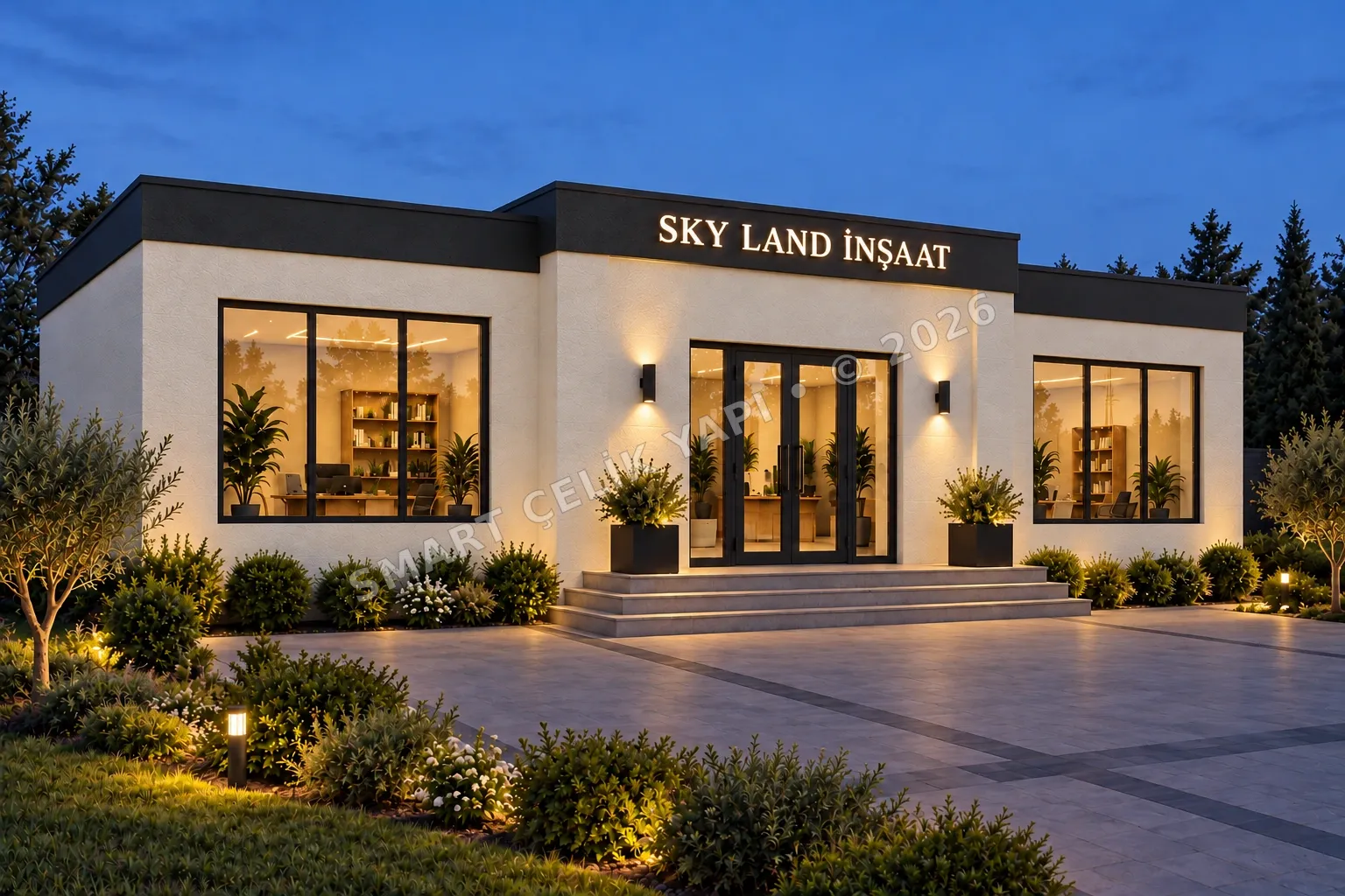 SMART SKY LAND — 100 m² Verkaufsbüro — Abend