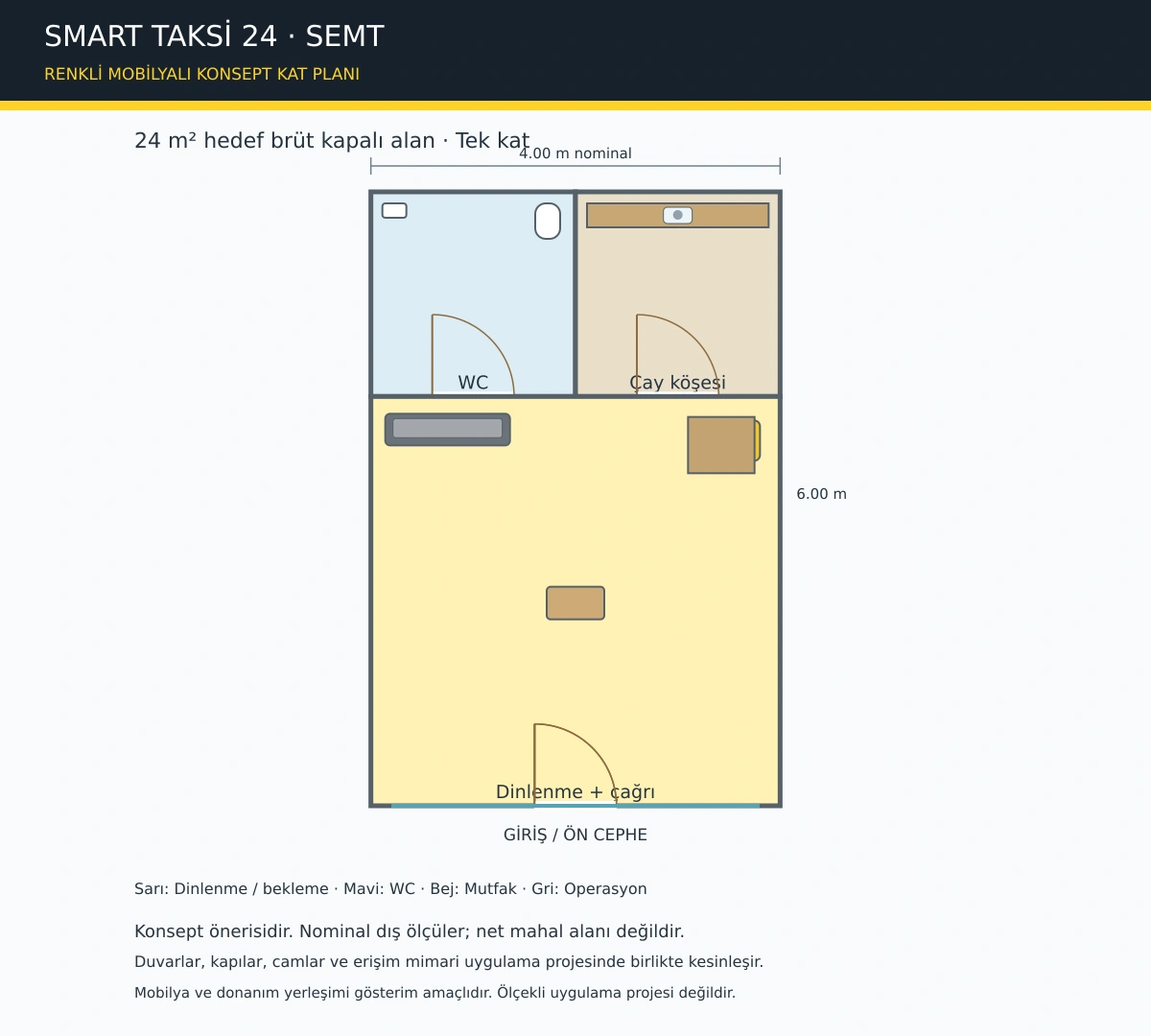 SMART TAKSİ 24 SEMT dinlenme, çağrı, mutfak ve WC bölümleri renkli mobilyalı konsept kat planı