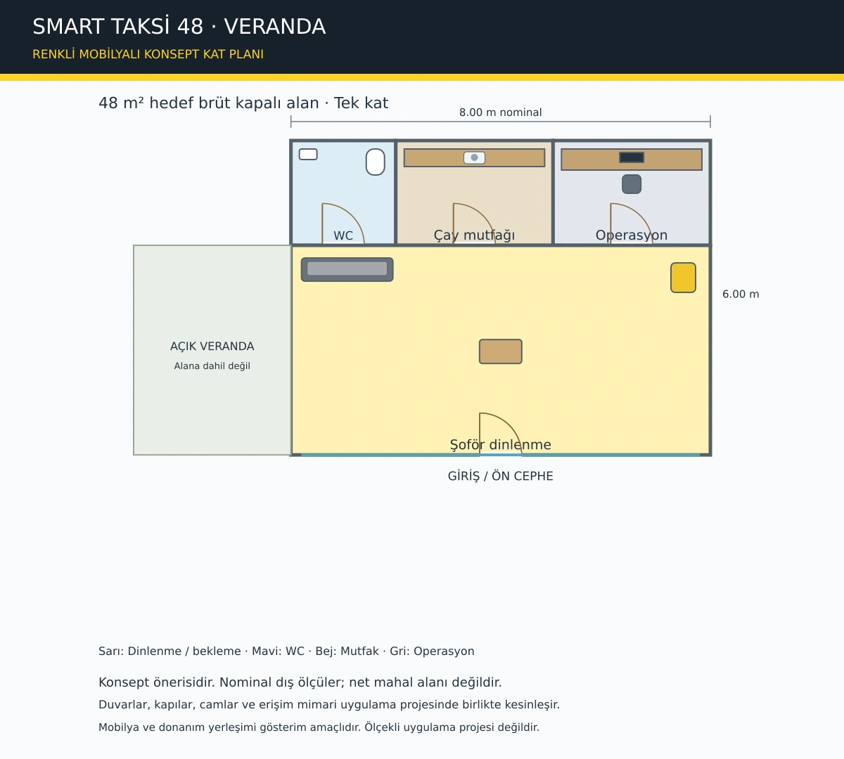 SMART TAKSİ 48 VERANDA dinlenme, çağrı, mutfak ve WC bölümleri renkli mobilyalı konsept kat planı