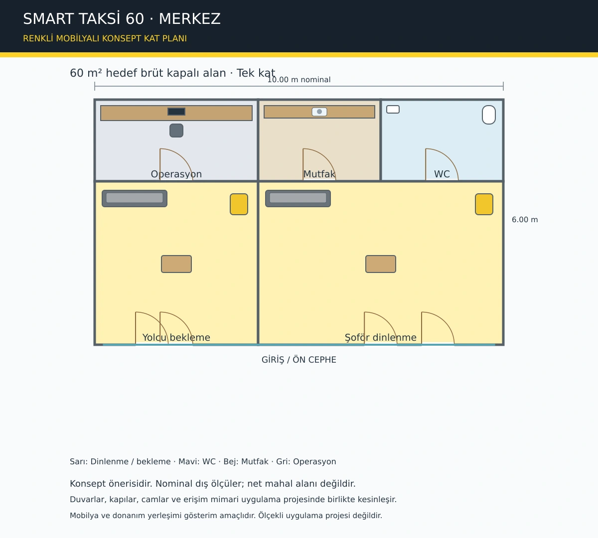 SMART TAKSİ 60 MERKEZ dinlenme, çağrı, mutfak ve WC bölümleri renkli mobilyalı konsept kat planı