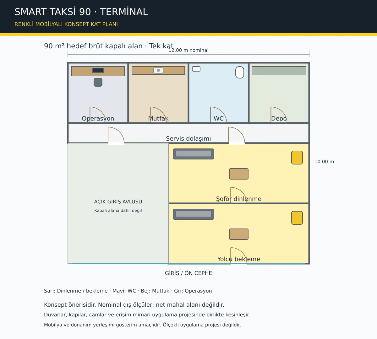 SMART TAKSİ 90 TERMİNAL dinlenme, çağrı, mutfak ve WC bölümleri renkli mobilyalı konsept kat planı